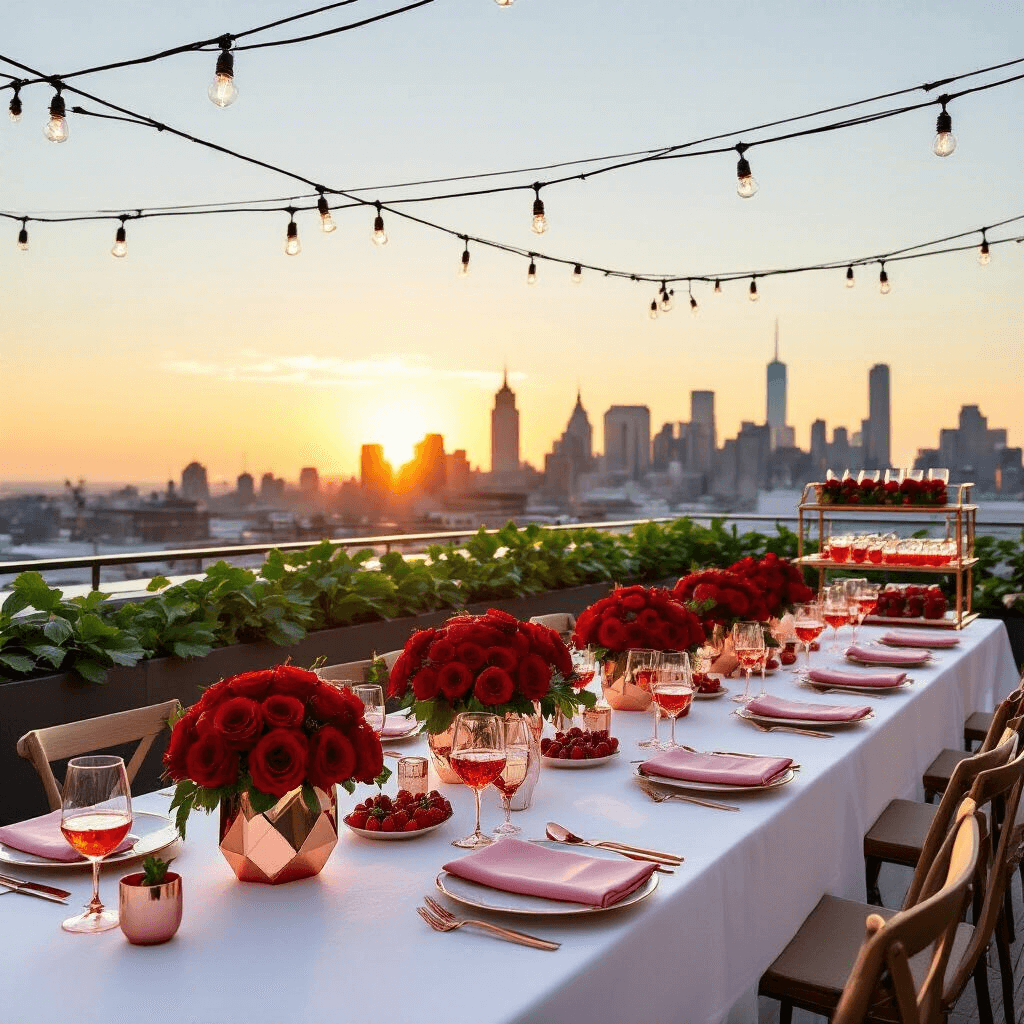 Chic rooftop terrace set for an adults' strawberry soirée at golden hour, featuring long tables with white linens, modern centerpieces of red roses and strawberries, rose gold cutlery, blush pink napkins, a stylish bar cart with strawberry-infused cocktails, and fairy lights overhead against a city skyline backdrop.