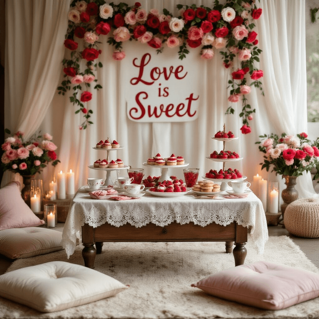 A cozy living room decorated for a strawberry-themed bridal shower, featuring a low coffee table with a lace tablecloth, antique teacups, and tiered stands of strawberry scones and petit fours, surrounded by plush floor cushions. A backdrop of sheer white curtains displays a 'Love is Sweet' sign and cascading paper flowers, with soft candlelight from mercury glass votives enhancing the inviting atmosphere.