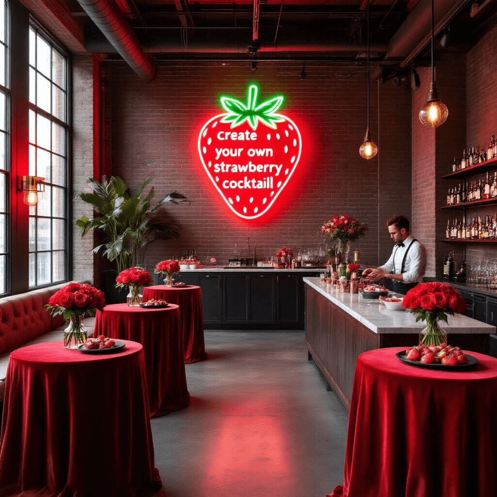 A modern loft cocktail party with luxe red velvet tables, single stem roses in minimalist vases, an oversized neon strawberry sign, a marble cocktail bar with fresh ingredients, and servers offering strawberry canapés, all set in an atmosphere of urban sophistication with moody lighting.