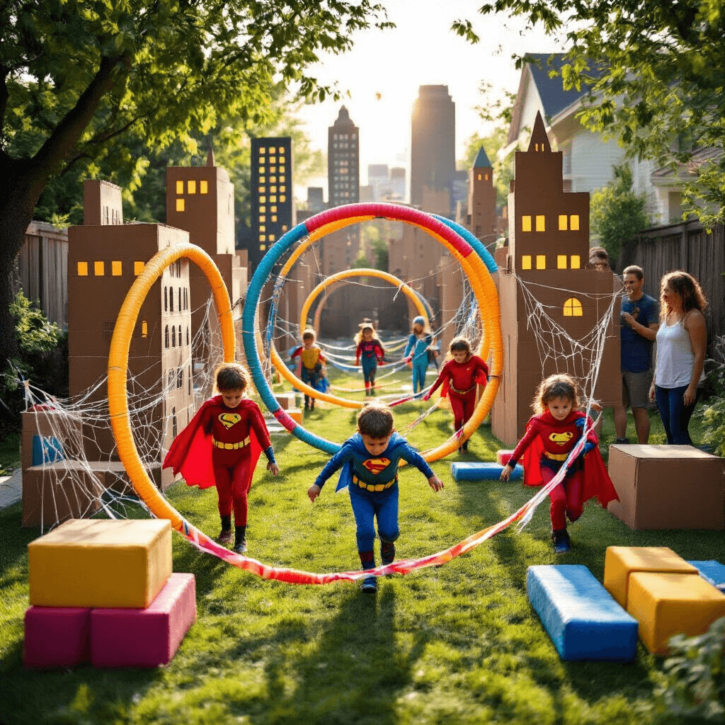 Epic Superhero Birthday Party: Your Ultimate Guide to Creating a Comic Book Celebration A vibrant superhero obstacle course in a lush backyard, featuring handmade cardboard cityscapes, colorful pool noodles, and foam blocks. Children in costumes navigate through streamers and crawl under a mesh 'laser grid', while fairy lights twinkle above. Proud parents cheer from the sidelines.