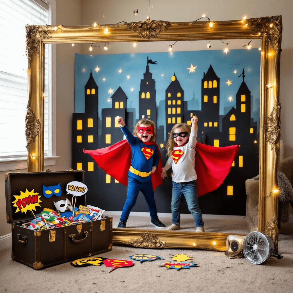 Epic Superhero Birthday Party: Your Ultimate Guide to Creating a Comic Book Celebration A whimsical superhero photo booth in a cozy apartment corner features a hand-painted cityscape backdrop with LED lights, an ornate gold frame as a photo border, a vintage trunk filled with superhero props, and two excited children posing mid-action with billowing capes, illuminated by soft window light.