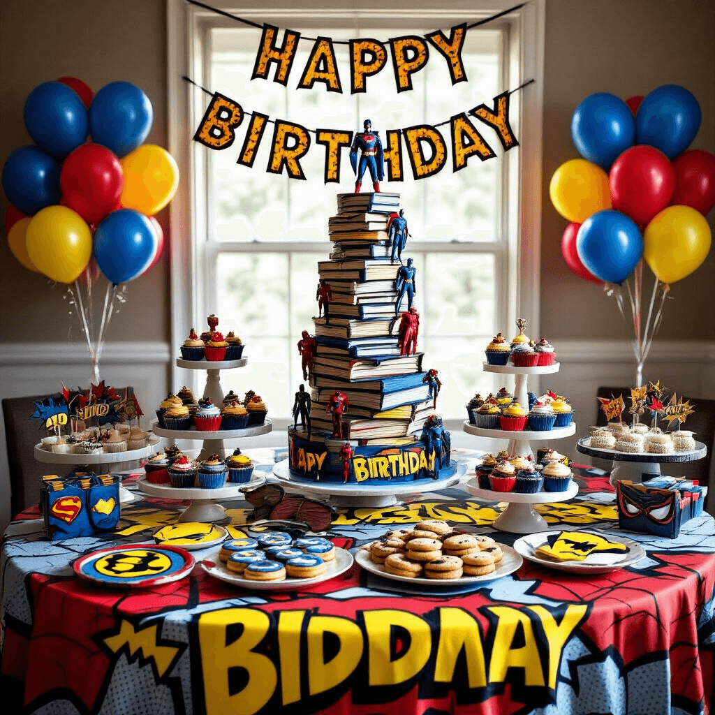 Epic Superhero Birthday Party: Your Ultimate Guide to Creating a Comic Book Celebration An elaborate superhero-themed dessert table featuring a comic book print tablecloth, tiered cake stands with shield-shaped cookies and masked cupcakes, a towering cake resembling stacked comic books with edible superhero figurines, colorful balloon bouquets, and a 'Happy Birthday' banner, all illuminated by dramatic lighting.