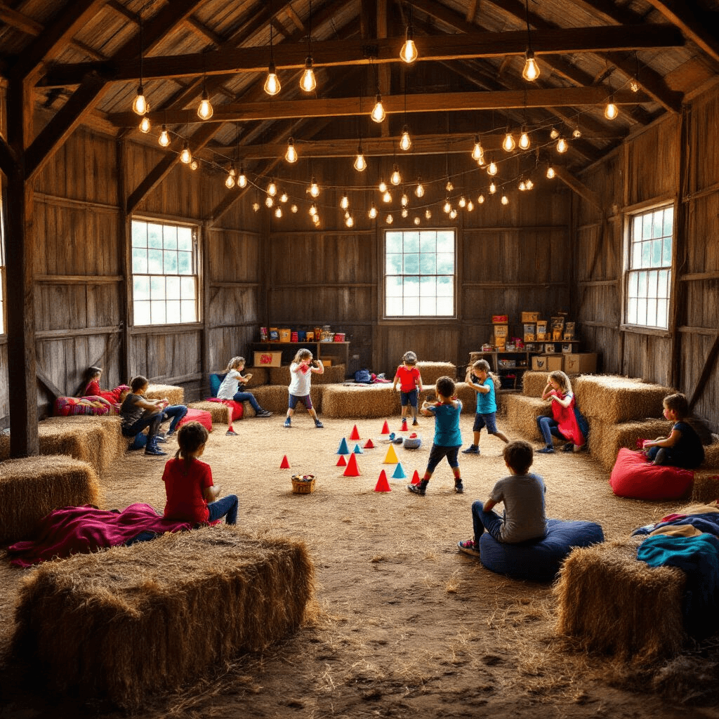Epic Superhero Birthday Party: Your Ultimate Guide to Creating a Comic Book Celebration A vibrant superhero training camp inside a rustic barn, featuring children at various training stations with foam dumbbells, agility cones, and a bean bag toss, surrounded by hay bales and warm Edison bulb lighting, while shafts of sunlight illuminate the lively scene.
