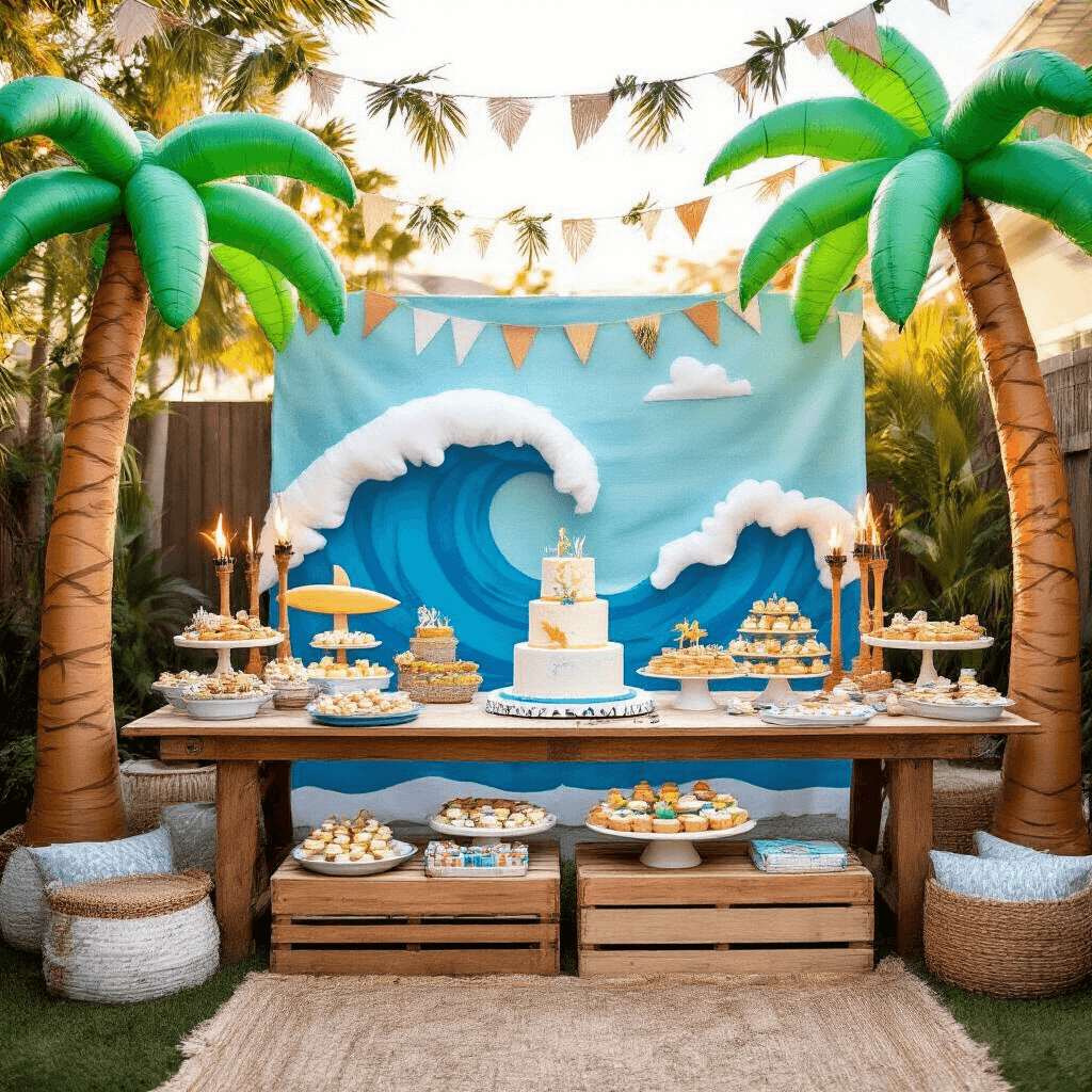 A vibrant backyard transformed into a surf-themed birthday party, featuring ocean blue and white decor, inflatable palm trees, a dessert table with a surfboard-shaped cake, tiki torches, and garlands of paper waves overhead, all bathed in soft, golden hour lighting.