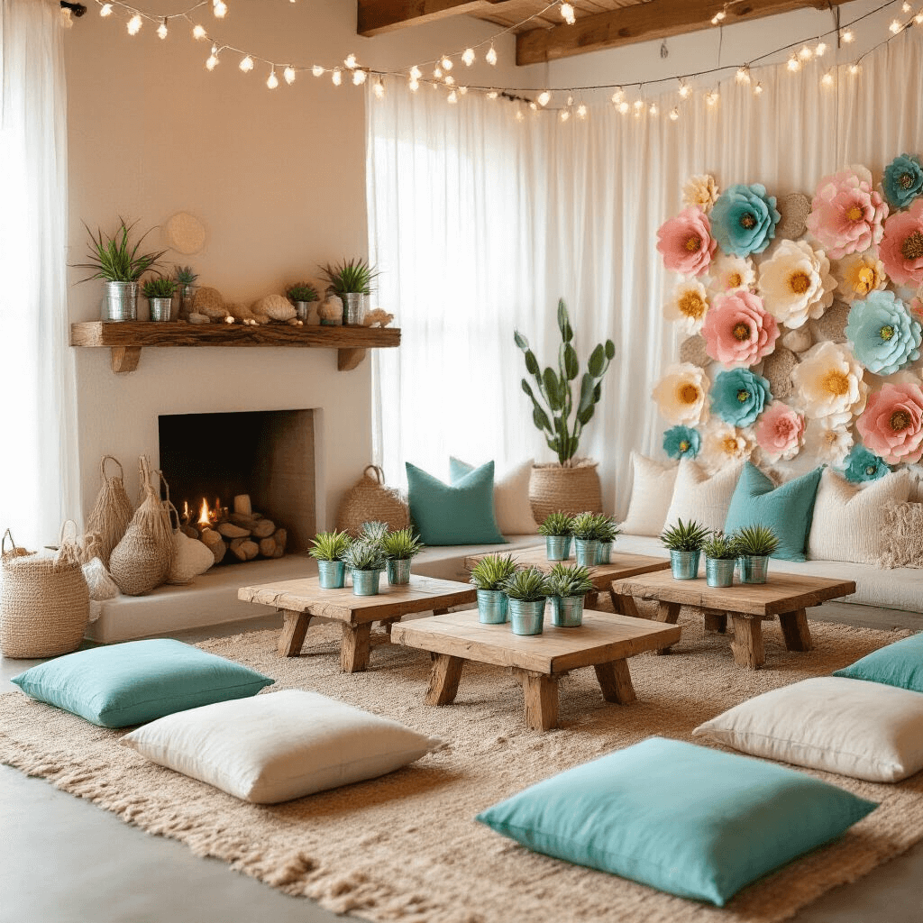 An intimate beach-inspired living room birthday celebration featuring cozy floor seating with plush cushions in sandy neutrals and teal, surrounded by low wooden tables adorned with mini potted succulents. Fairy lights hang from the ceiling, illuminating a fireplace decorated with driftwood and shells, while a DIY photo booth area with oversized pastel flowers adds charm. Natural light filters through sheer white curtains, enhancing the warm and inviting atmosphere.