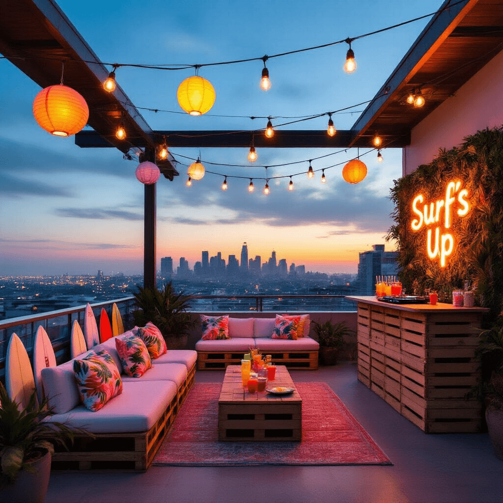 A panoramic view of a teen's surf-themed birthday party on a rooftop terrace at twilight, featuring string lights, colorful decor, surfboards, a DJ booth, a neon 'Surf's Up' sign, and a sleek bar with mocktails against a sparkling city skyline.