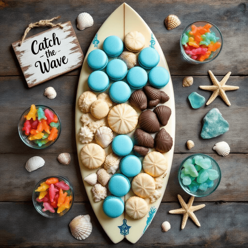 Overhead view of a surf party dessert spread on a vintage surfboard, featuring blue ombré macarons, chocolate seashells, coconut sand dollar cookies, and glass bowls of gummy sharks and Swedish Fish, surrounded by seashells, starfish, aqua sea glass, and a hand-lettered 'Catch the Wave' sign, under soft, diffused lighting.