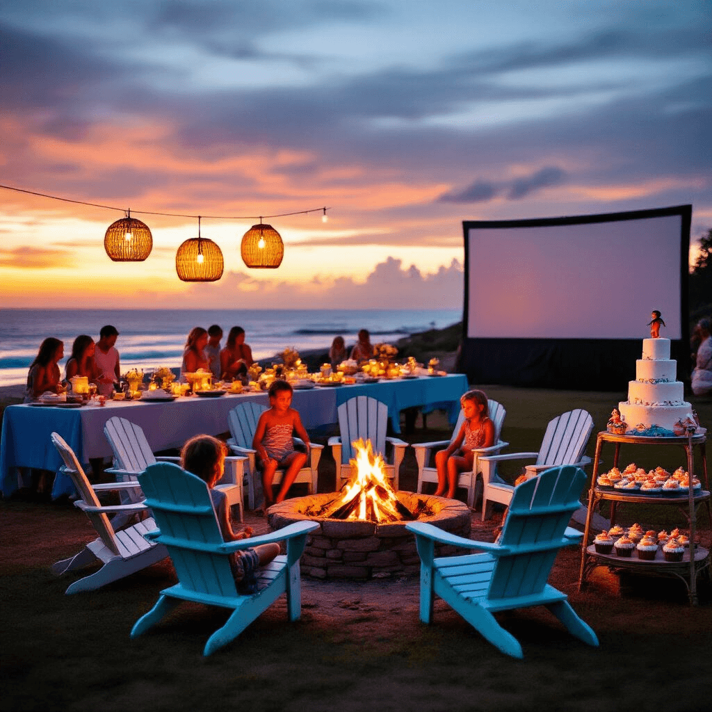 A vibrant surf-themed birthday party scene transitioning from day to night, featuring guests around a bonfire pit with Adirondack chairs, long tables set with ombré blue linens, hanging lanterns, a dessert cart with a wave cake and surfer cupcakes, and an outdoor movie screen, all under a sunset sky of bright oranges and purples.
