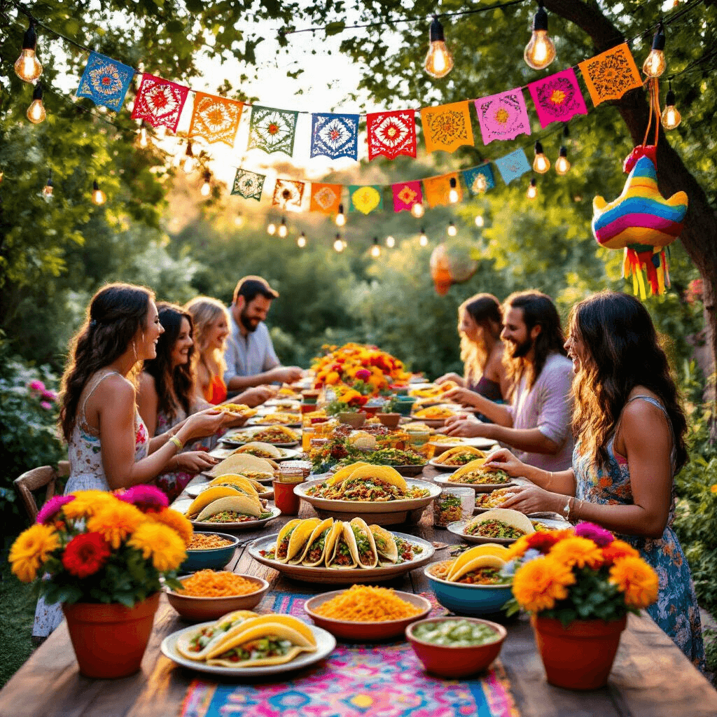 A lively outdoor taco birthday party at golden hour, featuring a vibrant farmhouse table with a taco bar, colorful papel picado decorations, and guests enjoying the festivities in a lush garden setting.
