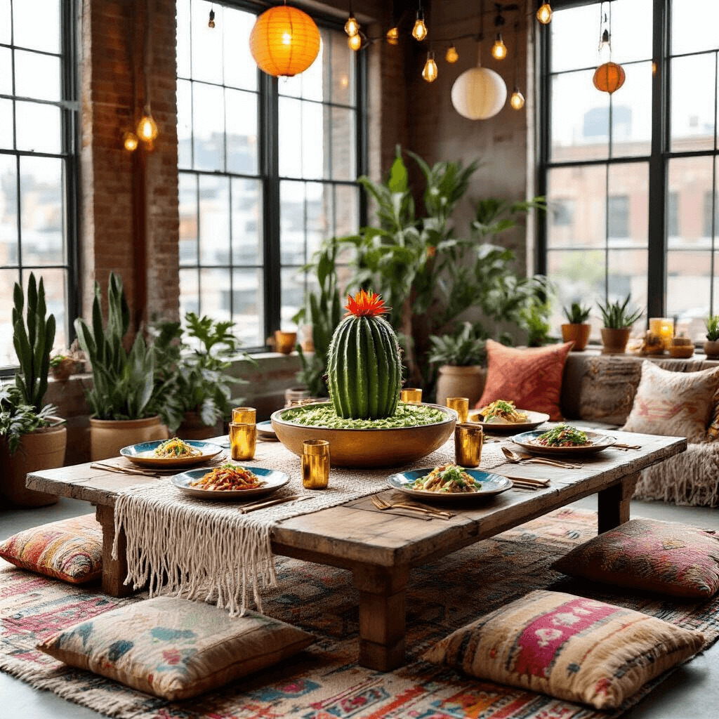 An intimate taco party setup in a modern loft, featuring a low table adorned with a macramé runner, colorful floor cushions, hand-painted ceramic plates, and a striking cactus-shaped guacamole centerpiece, surrounded by succulent plants and illuminated by string lights and paper lanterns.