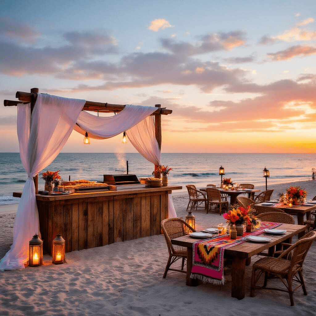 A picturesque beachfront taco birthday celebration at sunset, featuring a rustic wooden bar with white fabric, a gourmet taco station with premium toppings, low tables with vibrant serapes, tropical flower centerpieces, and tiki torches illuminating the scene.