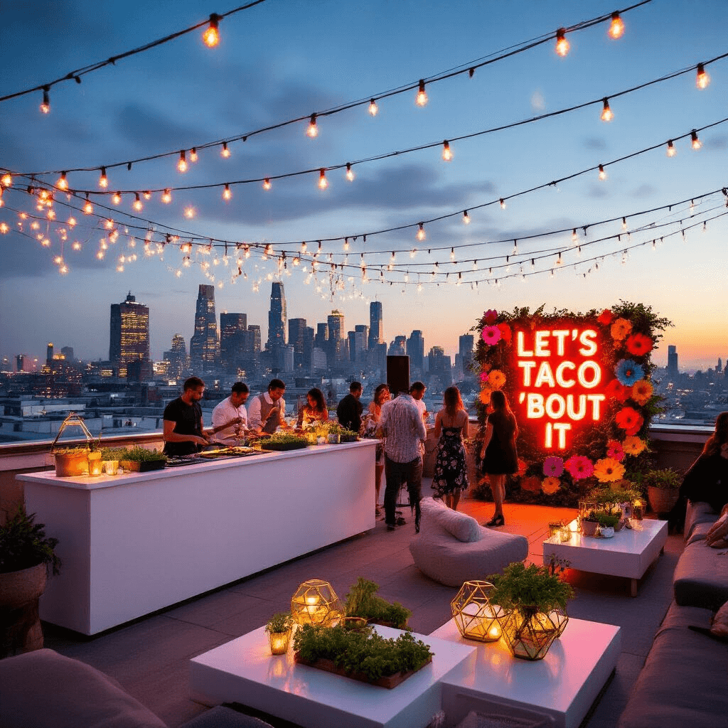 A vibrant rooftop taco party at twilight with fairy lights and neon signs, featuring a sleek white taco assembly bar, high cocktail tables with air plant centerpieces, a DJ booth, and a colorful photo wall, all against a stunning city skyline backdrop.