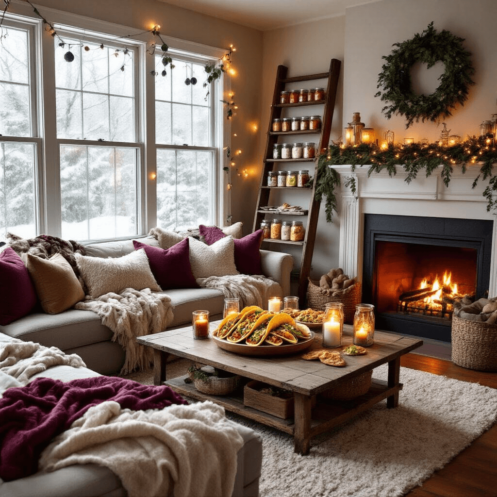 A cozy living room for an indoor winter taco fest featuring a bay window taco bar, a reclaimed ladder with mason jar toppings, plush jewel-toned pillows, a buffet coffee table with a lazy Susan of taco fixings, eucalyptus garlands, fairy lights, a crackling fireplace, and a bar cart with margarita essentials.