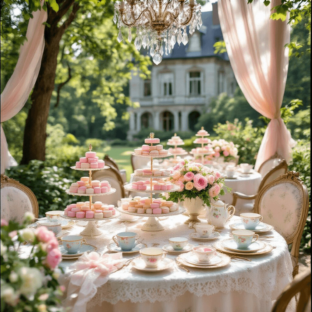 A sunlit garden tea party with delicate lace tablecloths, pastel macarons, floral teacups, and whimsical centerpieces, set against a Victorian mansion.