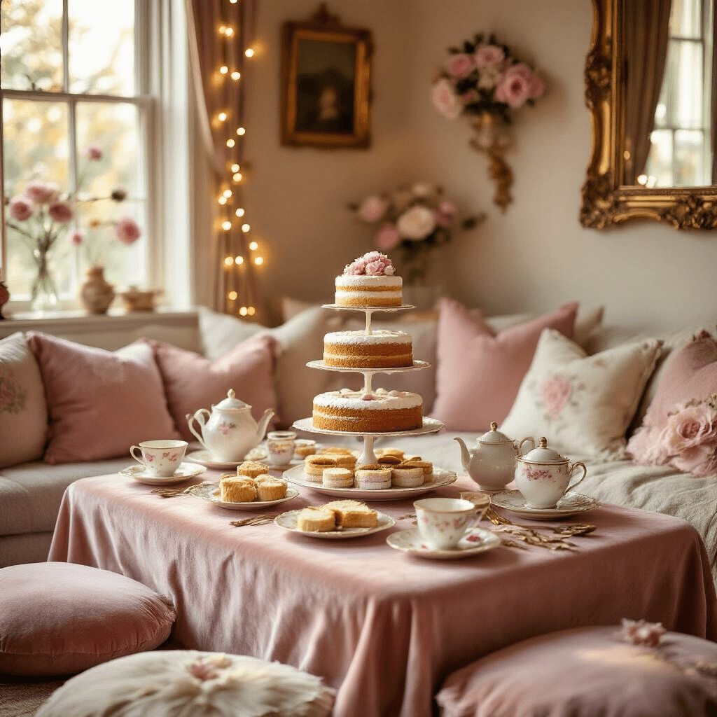 A close-up of a cozy indoor tea party setting, featuring a blush pink velvet tablecloth adorned with vintage china, dainty finger sandwiches, scones, and a three-tier Victoria sponge cake, surrounded by plush pastel cushions, delicate paper flowers, and fairy lights, with a gold mirror reflecting the warm golden hour light and guests enjoying tea in the soft bokeh background.