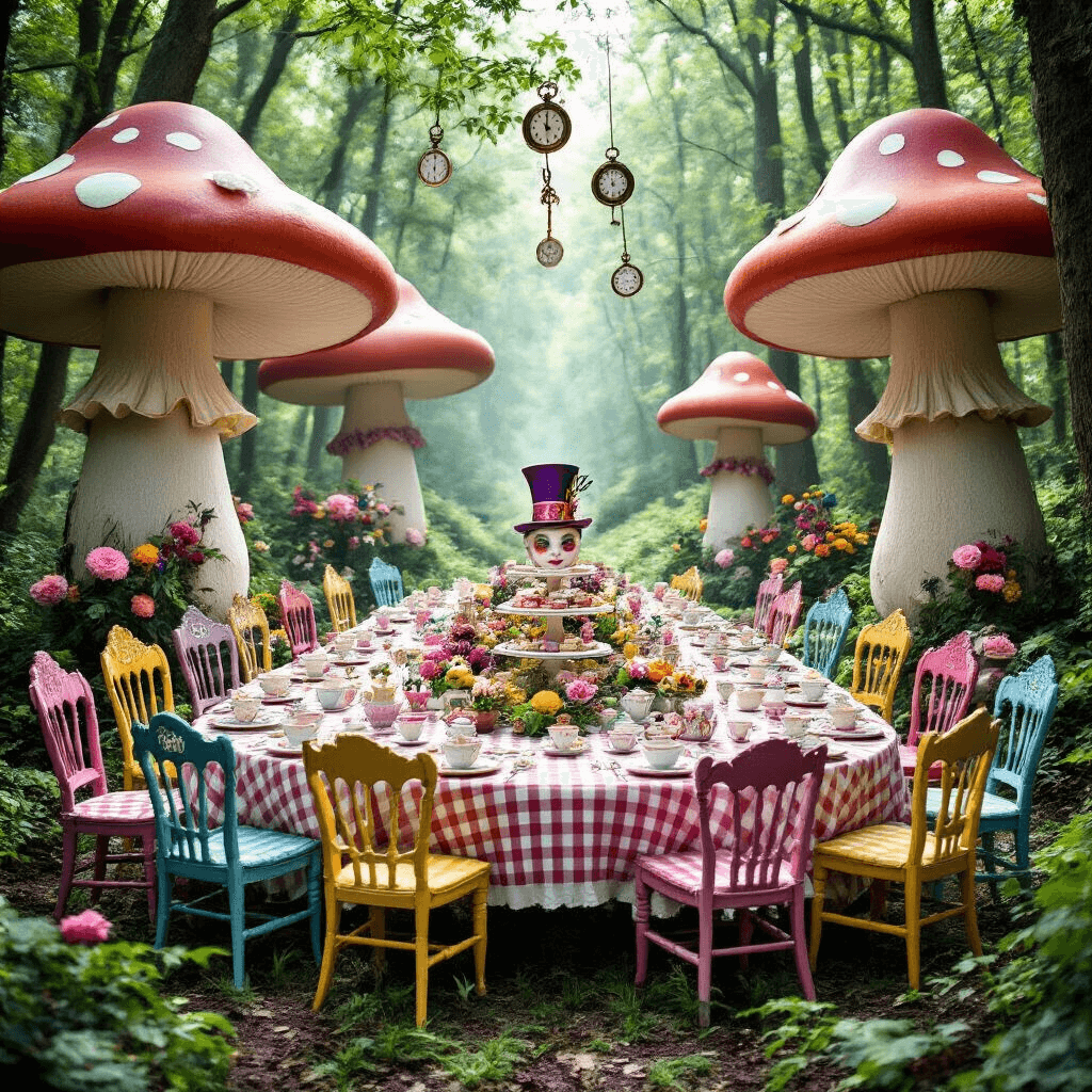 A whimsical Alice in Wonderland-themed tea party in a lush forest, featuring oversized mushrooms, vibrant mismatched chairs, checkered tablecloths, hanging teacups, and a mad hatter's hat as a cake stand, all under dappled sunlight.