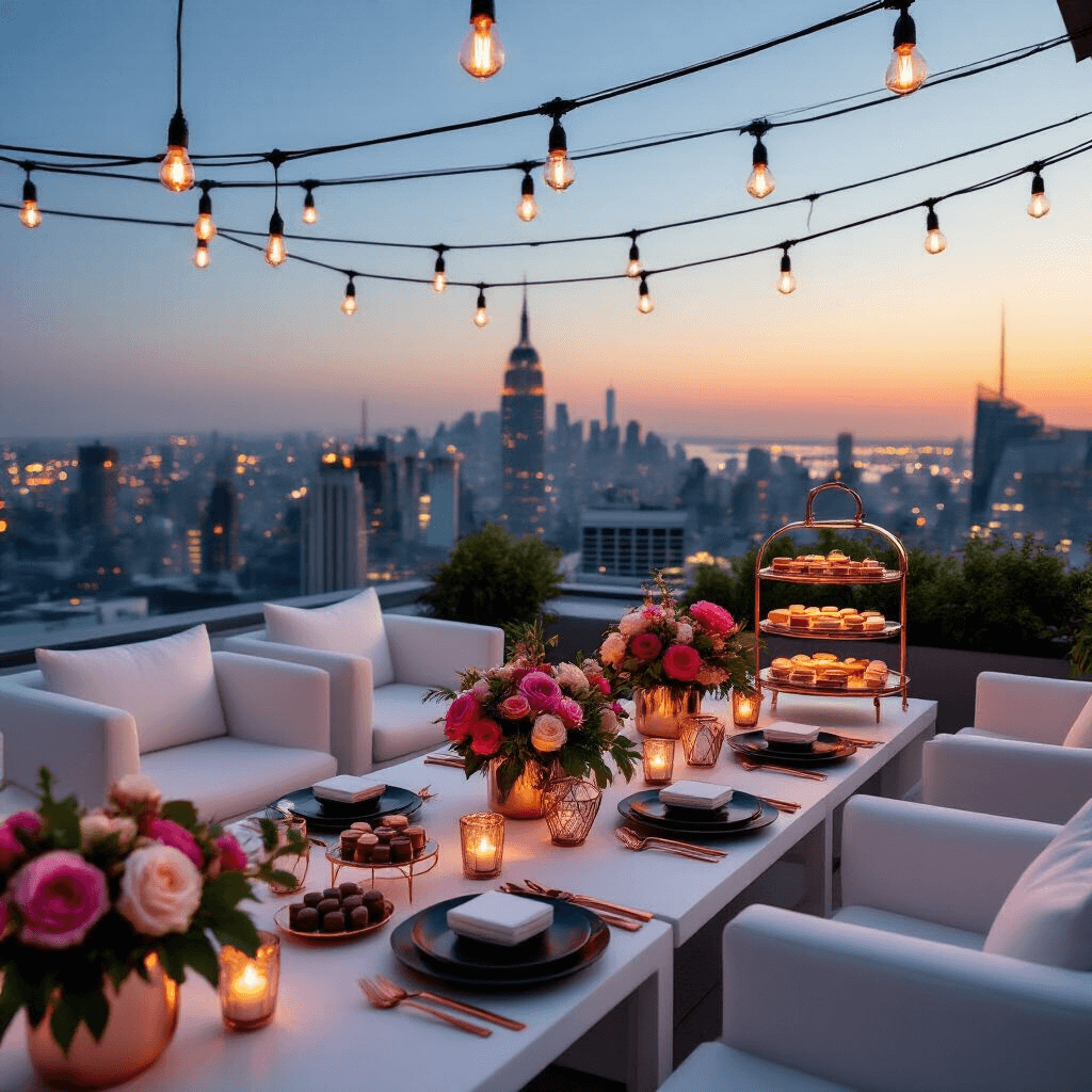 A rooftop tea party at twilight features sleek white lounge furniture, low tables with minimalist floral centerpieces in geometric terrariums, and glowing rose gold cutlery on matte black plates. A dessert cart displays jewel-toned chocolates and macarons, with Edison bulbs overhead illuminating the setting. The backdrop showcases a twinkling city skyline, creating a mood of urban elegance.