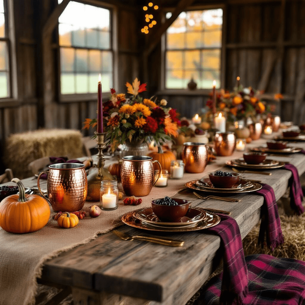 A cozy autumn-themed tea party in a rustic barn, featuring wooden tables with burgundy tablecloths, copper mugs as teacups, amber plates, gold flatware, and centerpieces of pumpkins, gourds, and candles in mason jars, with a dessert table showcasing a decorated spice cake and hay bale seating draped in plaid blankets, all illuminated by warm white lights and the golden glow of the sunset.