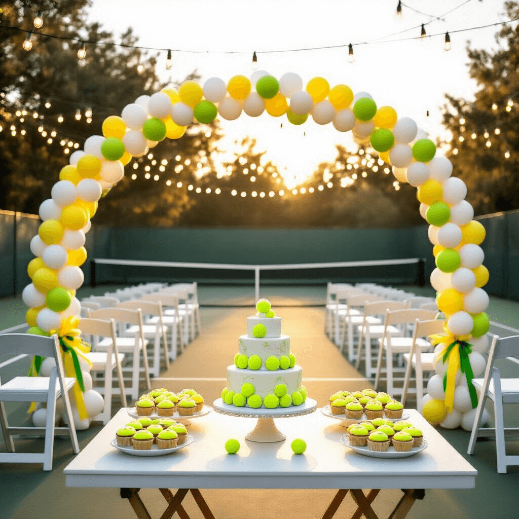 A whimsical birthday celebration on a sunlit outdoor tennis court, featuring rows of white folding chairs with yellow and green ribbons, an arch of oversized tennis rackets and white balloons, a refreshment table with a tiered tennis ball cake, cupcakes, and cookies, all under crisscrossed fairy lights glowing in the golden hour.