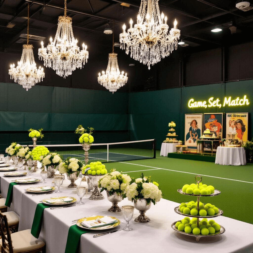 An elegant indoor tennis facility adorned for a sophisticated birthday soirée, featuring crystal chandeliers, long banquet tables with white linens and green/yellow accents, tennis-themed centerpieces in trophy cups, a dessert cart with tiered treats, and a neon sign saying 'Game, Set, Match' near a photo booth with astroturf and vintage tennis posters.