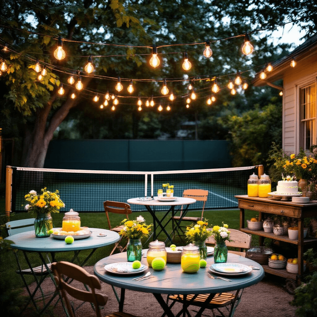 A whimsical tennis-themed birthday party in a cozy backyard at twilight, featuring a portable net, mismatched vintage furniture, wildflower centerpieces, Edison bulb lighting, a wooden bar cart with lemonade, and a trophy table showcasing a birthday cake and tennis memorabilia.