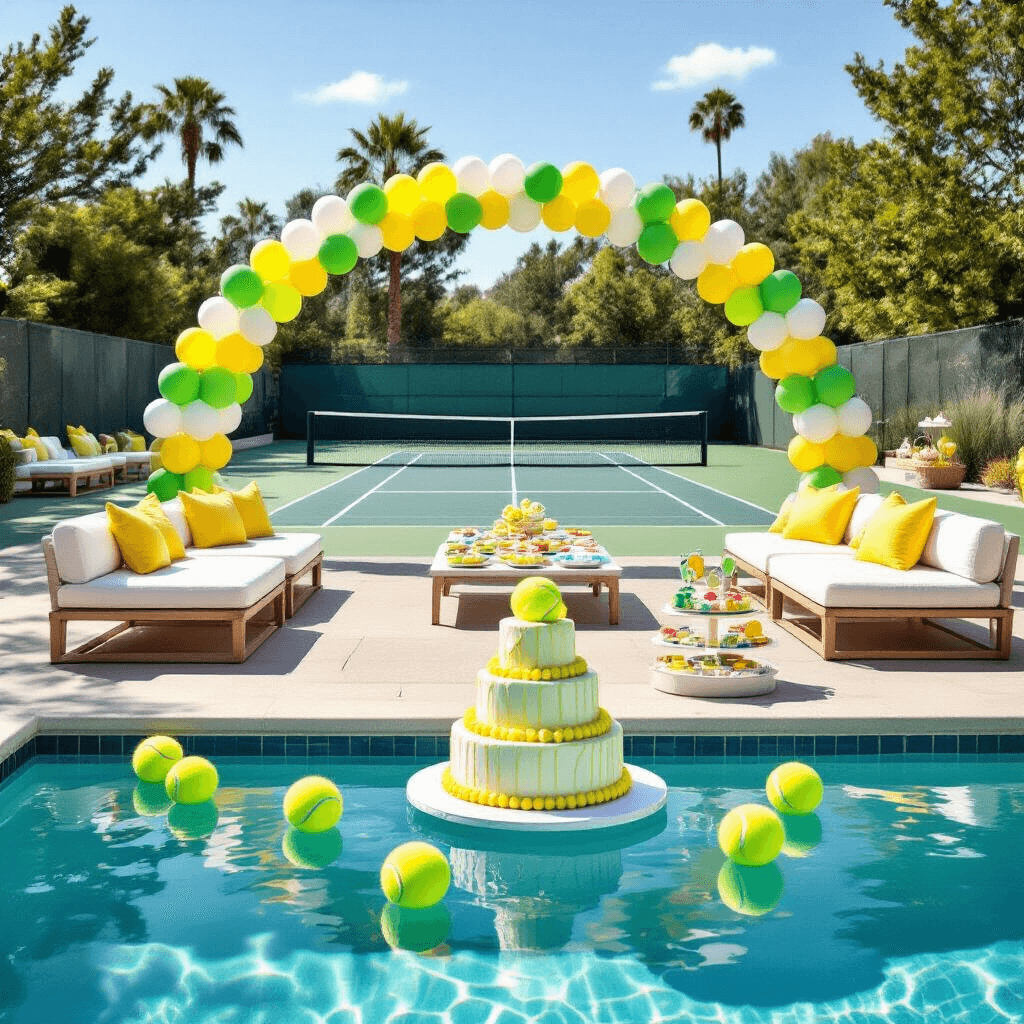 A vibrant poolside tennis party scene with a shimmering pool, oversized tennis balls, lounge seating with white cushions and yellow pillows, a grand balloon arch, a dessert table featuring a tennis court cake, and a DIY headband station.