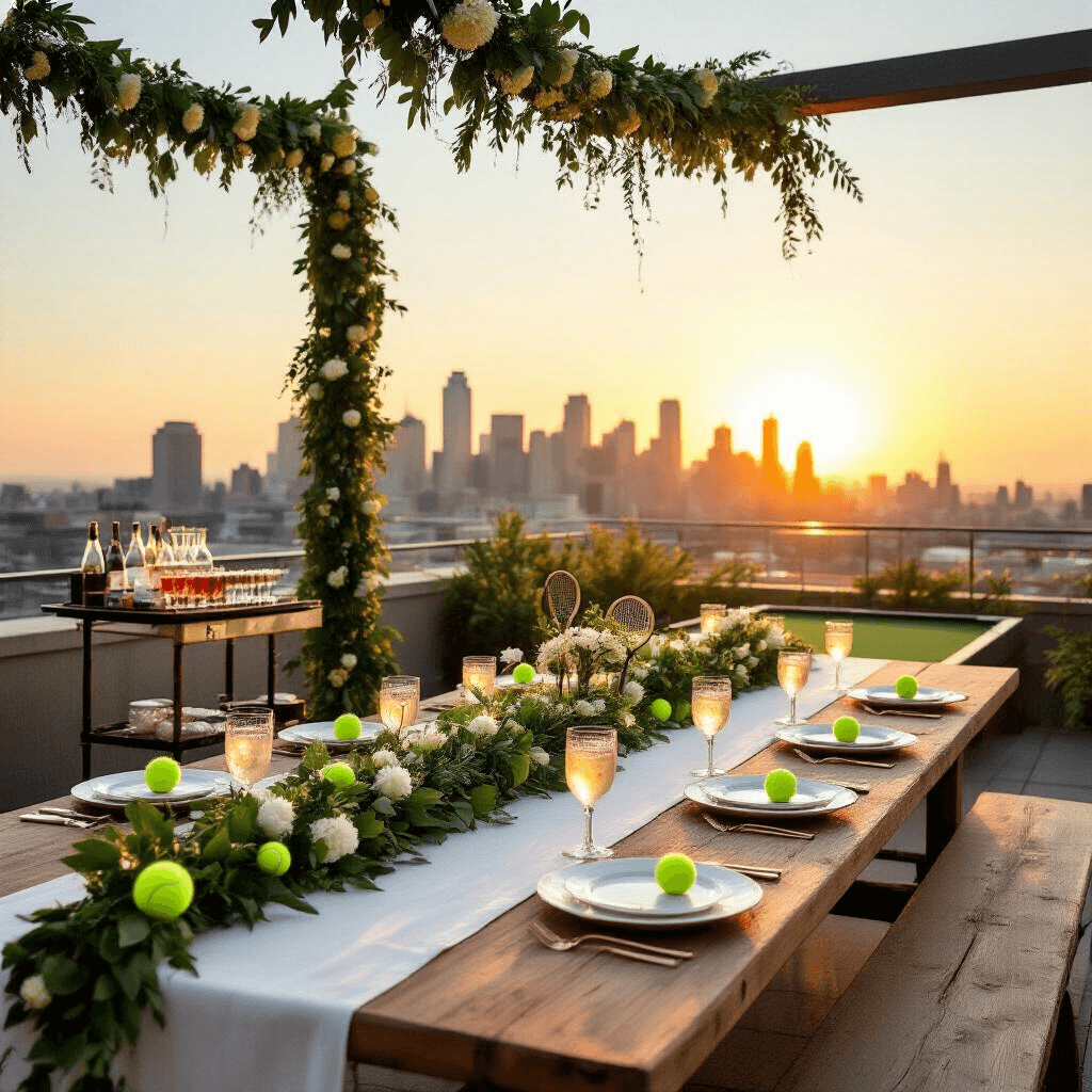 An intimate rooftop celebration at golden hour featuring a long farmhouse table decorated with a white linen runner, tennis ball placemats, and mini tennis racket party favors. Lush greenery garlands with white flowers and tiny tennis balls adorn the table, while a stylish bar cart displays signature cocktails. A small putting green area is visible for guests to practice their swing against a stunning city skyline backdrop.