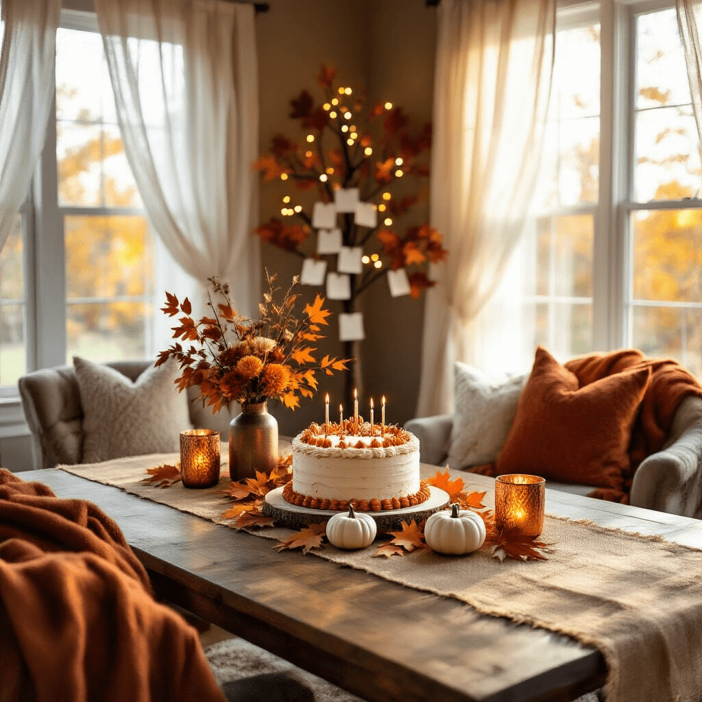A cozy living room decorated for a Thanksgiving birthday celebration, featuring a rustic wooden dining table with a burlap runner, a pumpkin spice birthday cake centerpiece, mini white pumpkins, and autumn leaves. Soft throw blankets in burnt orange and deep red are on armchairs, and a 'Thankful Tree' adorned with gratitude notes stands in the corner, illuminated by twinkling fairy lights.