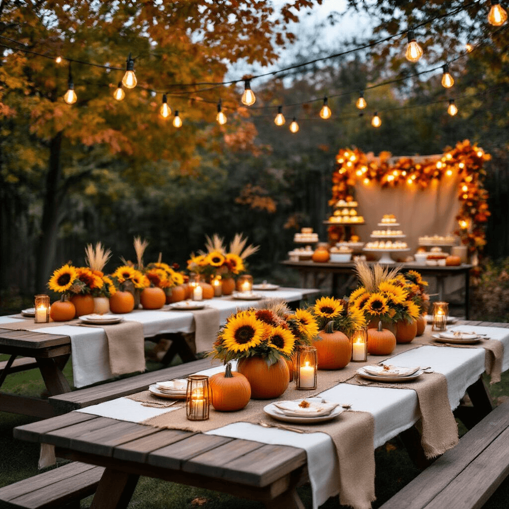 An intimate backyard Thanksgiving birthday party at dusk, featuring U-shaped wooden picnic tables adorned with ivory linen and burlap. Centerpieces of pumpkins with sunflowers and wheat, flickering copper lanterns, and a dessert cart with autumn-themed treats. Warm Edison bulbs create a cozy ambiance, with a DIY photo booth decorated with autumn leaves and festive props in the background.