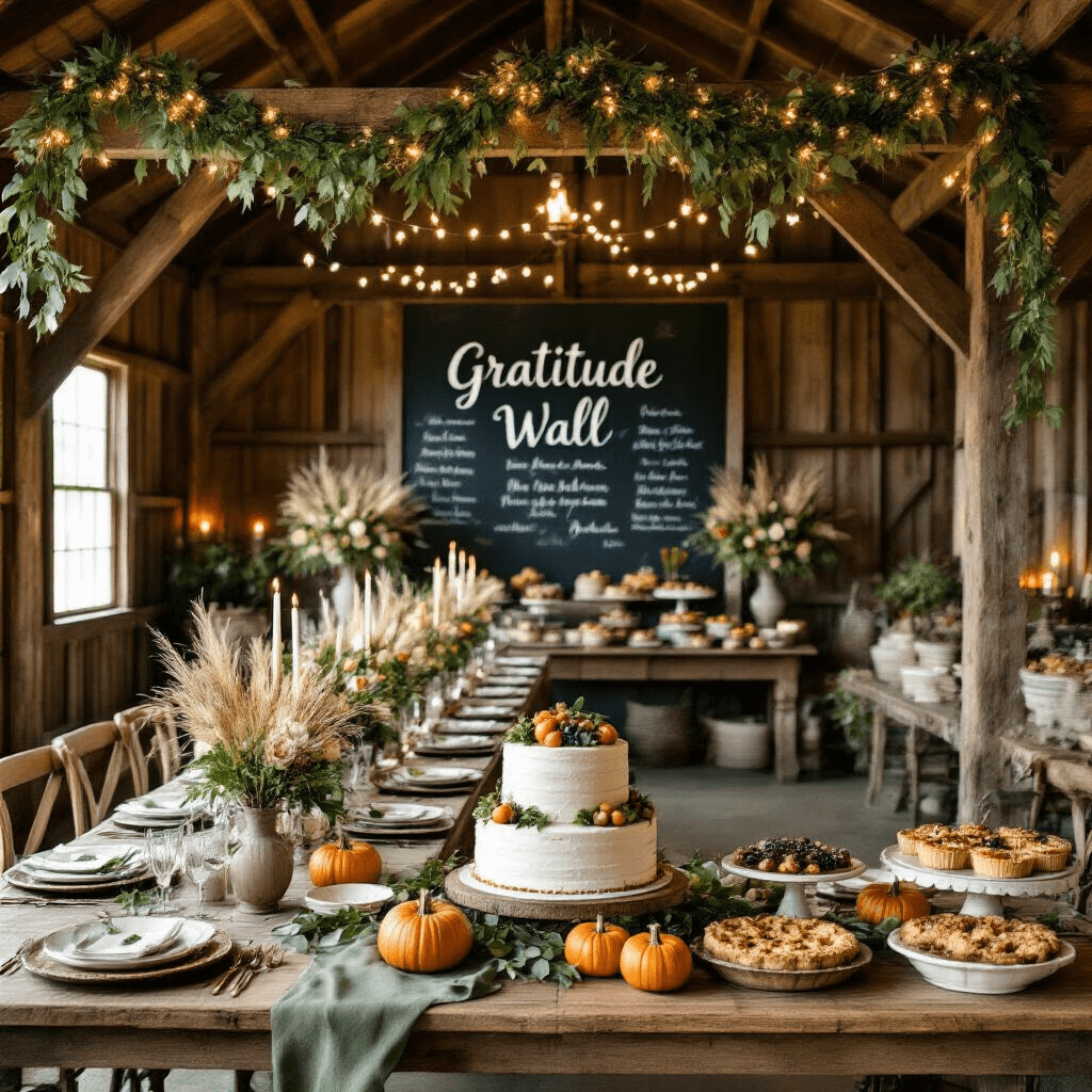 A rustic barn interior decorated for a grand Thanksgiving birthday celebration, featuring wooden beams with leaf garlands and fairy lights, long tables with sage green linens and vintage china, centerpieces of dried grasses and heirloom pumpkins, a 'Gratitude Wall' with guest messages, and a dessert station with a naked cake and assorted pies, all illuminated by soft candlelight.