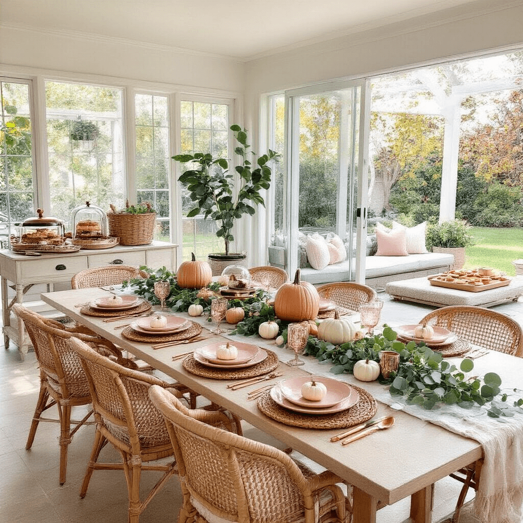 A whimsical Thanksgiving birthday brunch setup features a sunroom with a long table adorned in eucalyptus and white mini pumpkins, surrounded by rattan and velvet chairs. The tablescape includes woven chargers, blush pink plates, and gold flatware, while a nearby buffet showcases a waffle bar. Outdoors, plush lounge areas are arranged with floor cushions, low tables, and finger foods, complemented by cozy blankets and string lights draped between colorful potted maple trees.