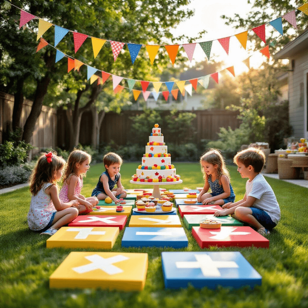 Aerial view of a vibrant backyard transformed into a giant tic tac toe playground with colorful foam boards, excited kids playing, string flags overhead, and a dessert table featuring a game-themed cake and treats, all bathed in warm afternoon sunlight.