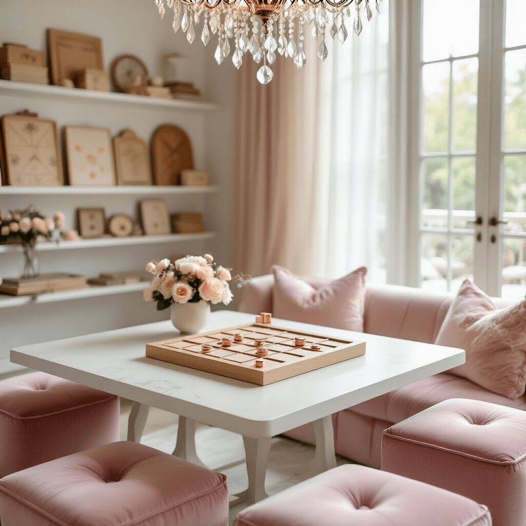 Close-up of an elegant indoor tic tac toe party setup featuring a white table with a hand-painted game board, rose gold pieces, blush pink velvet cushions, tulle drapery, a crystal chandelier, and marble side tables with floral arrangements.