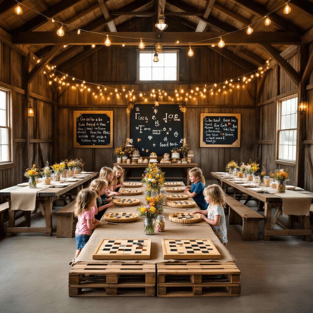 Rustic barn interior decorated for a tic tac toe-themed birthday celebration, featuring warm fairy lights, long farmhouse tables with burlap runners and mason jar centerpieces, chalkboard signs, a dessert cart with game board pies and colorful candies, and children enjoying a giant floor game made from repurposed pallets.