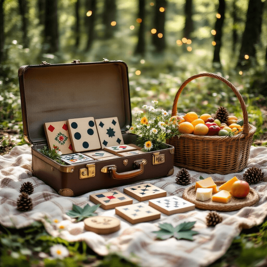 A vibrant picnic blanket spread in a sunlit forest clearing, featuring an intimate tic tac toe birthday party setup with an open vintage suitcase displaying handcrafted game boards, surrounded by wildflowers, pinecones, and leaf-shaped place cards, alongside a woven picnic basket filled with fresh fruit and artisanal cheeses, all softly illuminated by twinkling fairy lights.