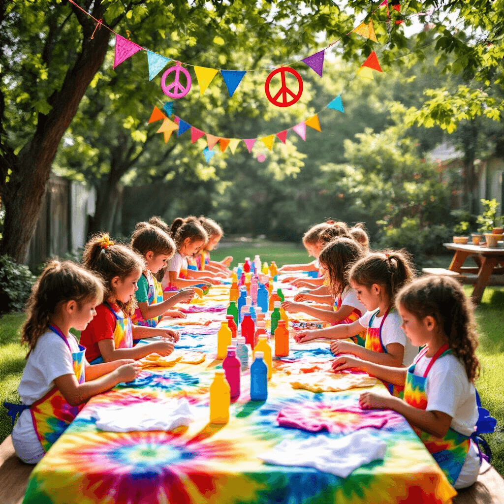 Vibrant outdoor tie-dye birthday party with picnic tables covered in bright tablecloths, kids in aprons excitedly reaching for dye bottles, and colorful decorations hanging above in a sunlit backyard.
