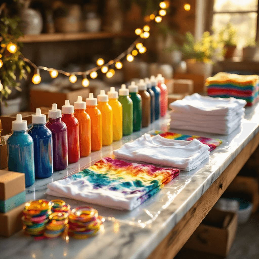 Close-up detail shot of a tie-dye station during golden hour, featuring a marble countertop covered with a plastic sheet, vibrant dye bottles arranged in a rainbow, stacks of white shirts, rubber bands, gloves, and warm fairy lights casting a magical glow.