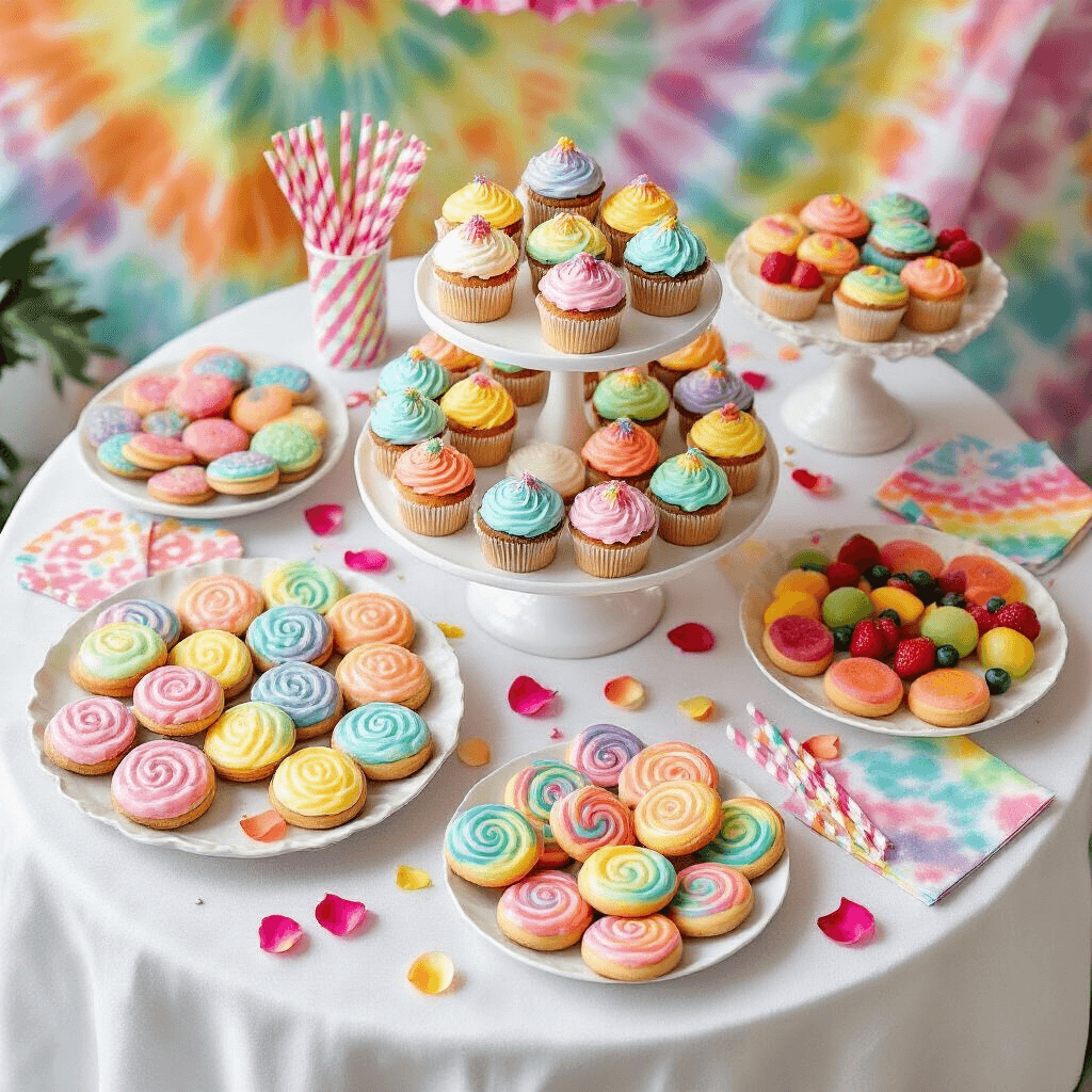 Overhead view of a tie-dye themed dessert table featuring a tiered cake stand with pastel tie-dye cupcakes, surrounded by tie-dye cookies, fruit skewers, and swirled lollipops, all set on a white linen tablecloth, accented with colorful paper straws, tie-dye napkins, scattered rose petals, and edible glitter.
