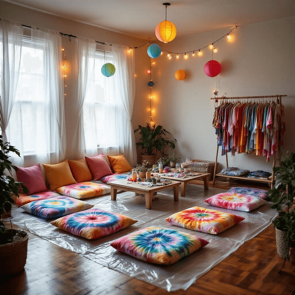 A cozy living room transformed for an indoor tie-dye party, featuring plastic-covered hardwood floors, low tables with tie-dye cushions, sheer curtains filtering grey light, and colorful decorations. A clothing rack displays vibrant, freshly dyed garments, creating a joyful and creative atmosphere.