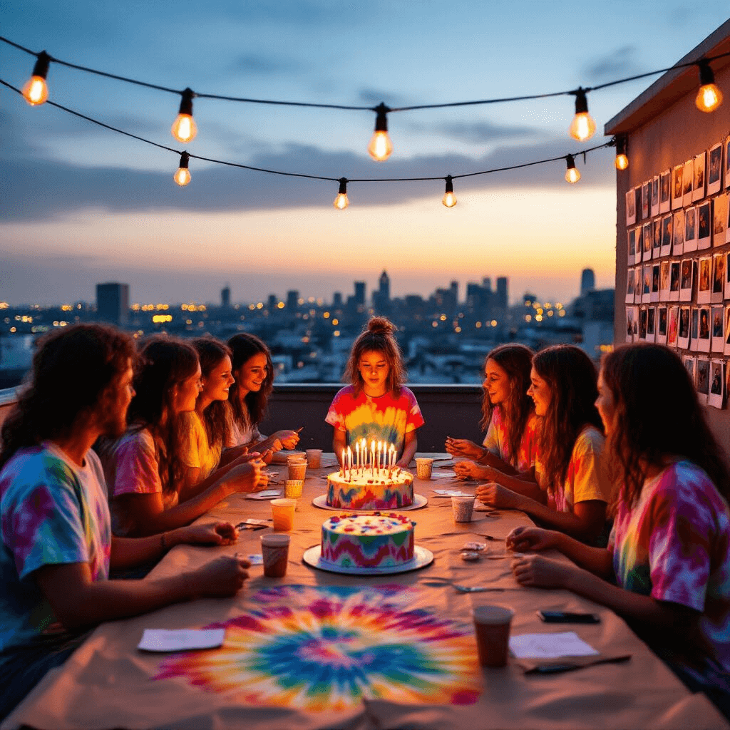 A vibrant rooftop birthday party at dusk, with guests in colorful tie-dye shirts gathered around a long table lit by Edison bulbs, as the birthday child blows out candles on a tie-dye cake, framed by a wall of Polaroid photos.
