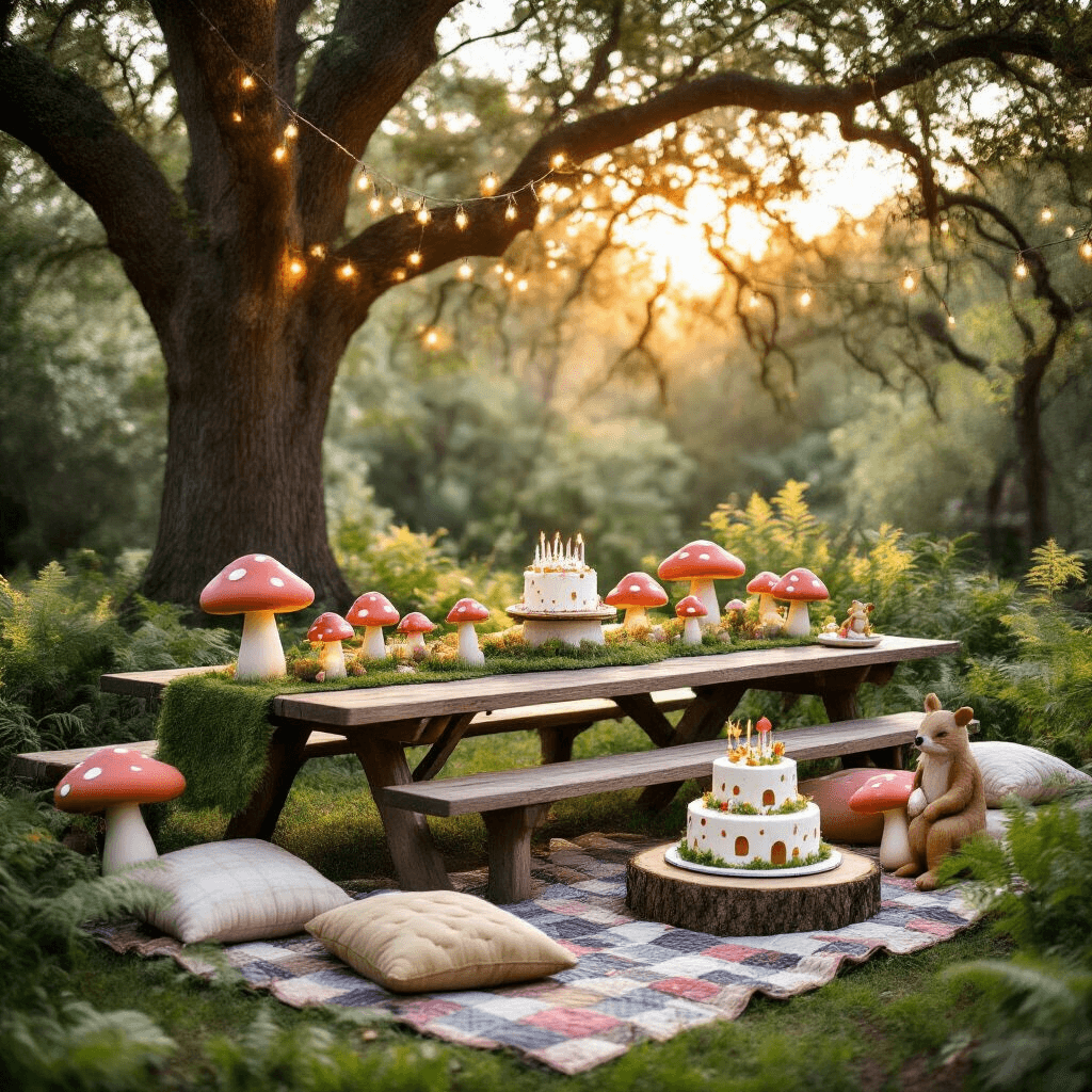 A whimsical backyard birthday party scene featuring a long picnic table with a moss runner and handcrafted paper mushroom centerpieces, under twinkling fairy lights strung between oak trees at golden hour. A tiered toadstool cake sits on a wood slice, while plush mushroom pillows and a patchwork quilt create a cozy seating area, with woodland animal figurines and ferns enhancing the magical atmosphere. The color palette includes red and white toadstools, forest green, and earthy sienna tones.