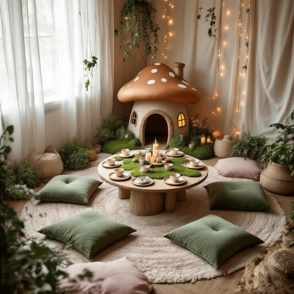 An overhead view of an enchanted indoor birthday celebration in a cozy living room, transformed into a woodland wonderland with a circular low table, lush floor cushions, moss placemats, wooden plates, and delicate teacups. A cardboard toadstool house sits as the centerpiece, surrounded by battery-operated tealights, while sheer curtains filter soft morning light. Fabric scrap garlands in earthy tones hang from the ceiling along with twinkling fairy lights. A corner features a toadstool-shaped armchair and a stack of woodland-themed storybooks.