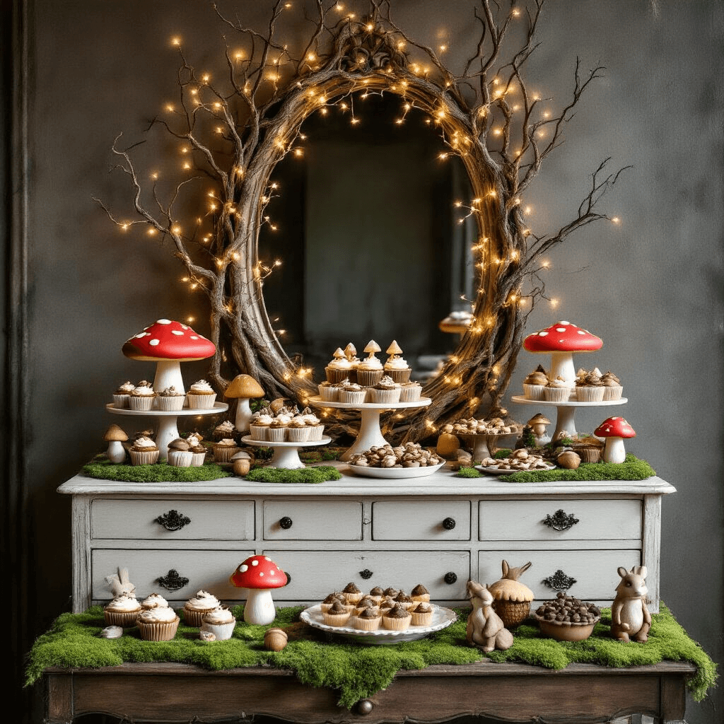 A magical dessert station themed around toadstools, featuring a vintage dresser repurposed as a treat display, showcasing woodland-inspired sweets like cupcakes with mushroom caps, acorn-shaped cookies, and chocolate-dipped strawberries. The ambient lighting, intricate mirror frame, and moss table runners enhance the enchanting atmosphere with deep greens, browns, and red accents.