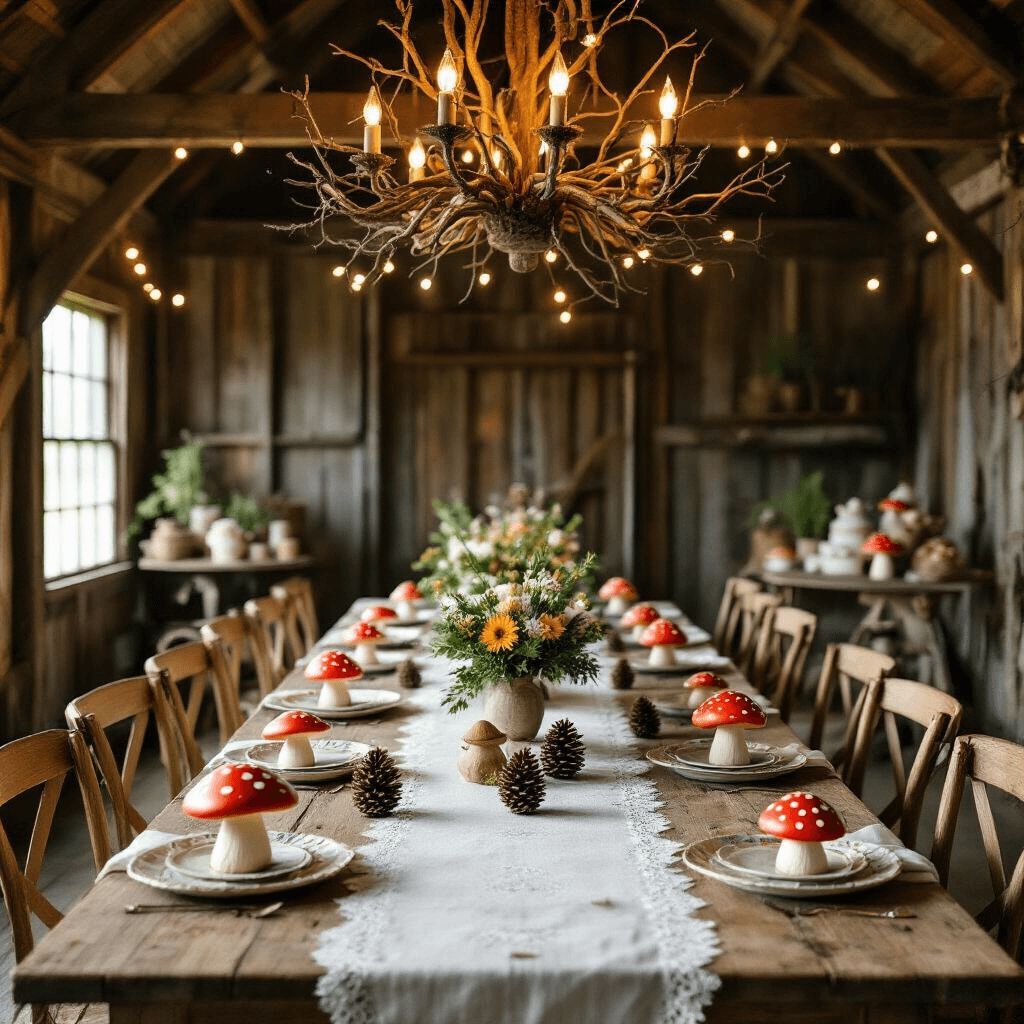 An intimate birthday party vignette in a rustic barn featuring a farmhouse table with toadstool-themed place settings, a delicate lace runner, and a chandelier made of branches. The decor includes oversized paper flowers and a DIY photo booth, creating a cozy and whimsical atmosphere.