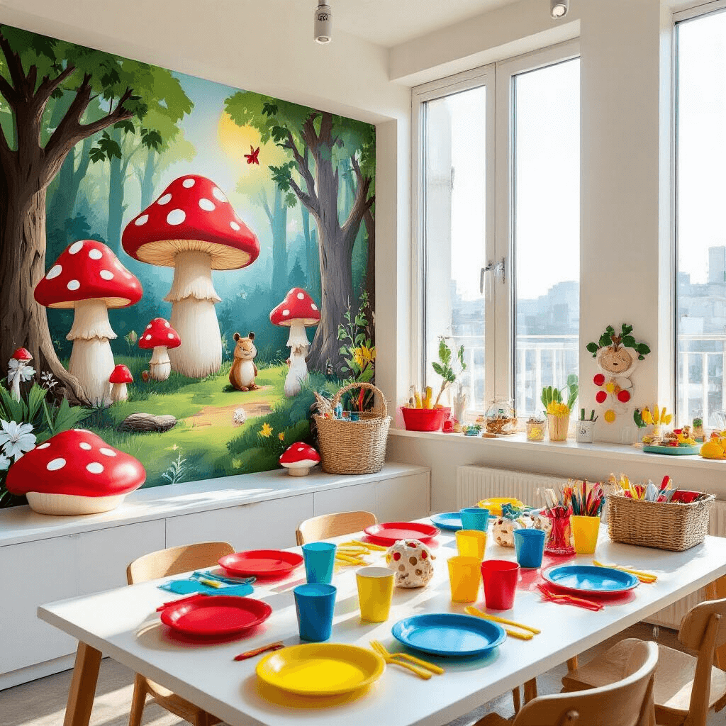 A vibrant toadstool-themed birthday party setup in a modern apartment, featuring a whimsical forest decal, a kids' table with colorful plates and cups, a crafting station with supplies for making toadstool hats, and helium balloons shaped like woodland animals.