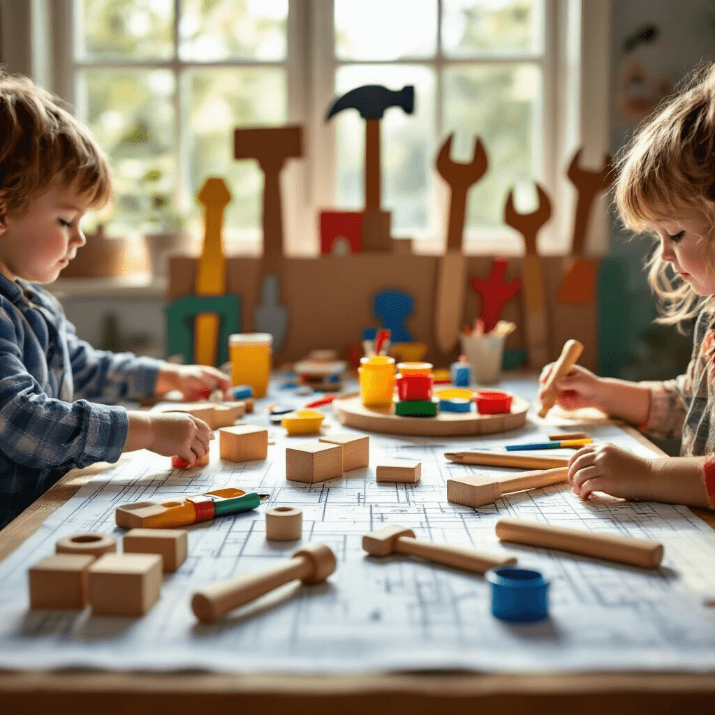 Hammer Down the Fun: Planning the Ultimate Tool-Themed Birthday Party for Little Builders Close-up of a 'Build-It Zone' at a tool-themed birthday party, featuring a low table with a blueprint cloth, wooden blocks, colorful toy hammers, and paint supplies. Children create tool-shaped artwork while a whimsical backdrop of oversized cardboard tools adds to the creative atmosphere.
