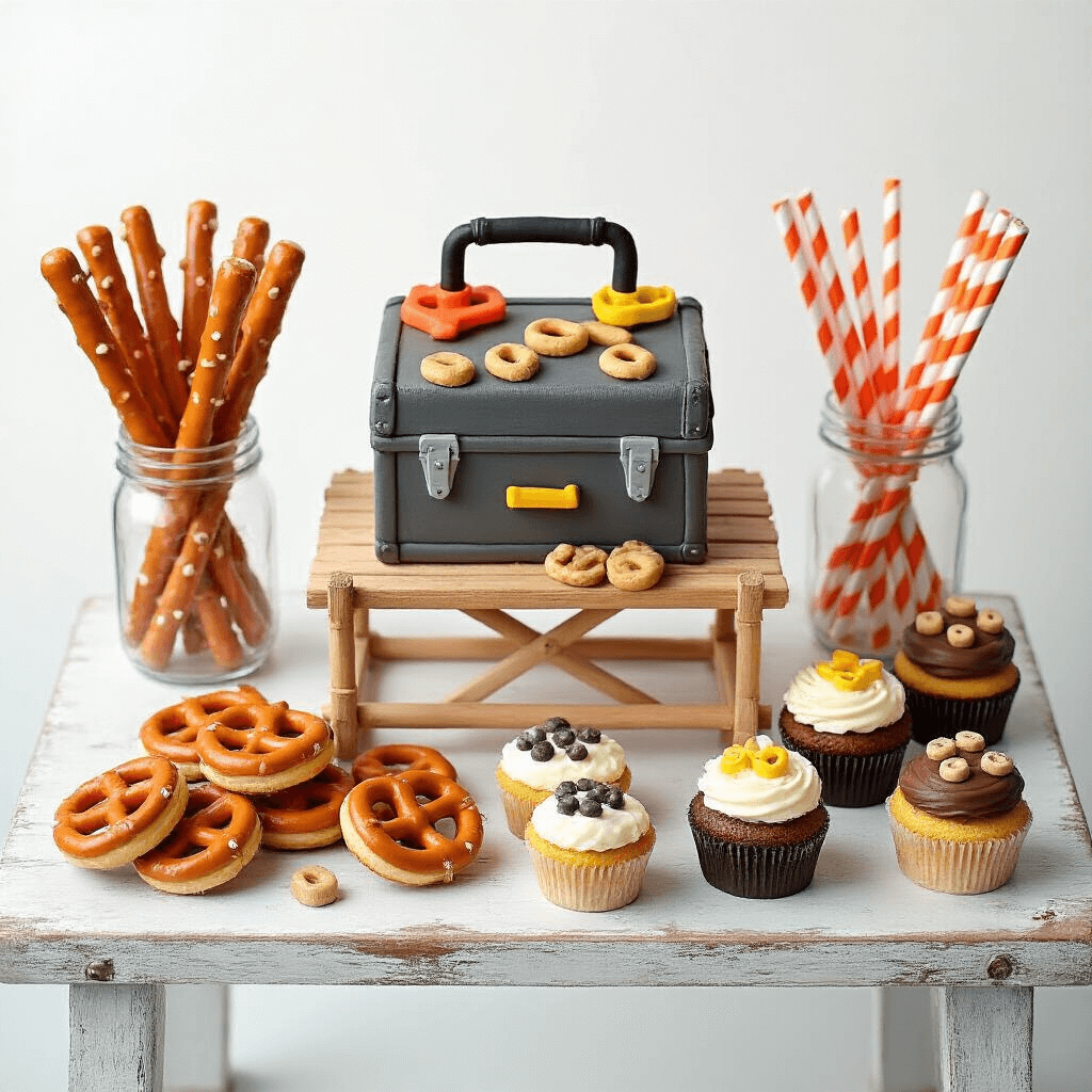 Hammer Down the Fun: Planning the Ultimate Tool-Themed Birthday Party for Little Builders Overhead view of a 'Snack Attack' station with a distressed wood table featuring pretzel 'measuring sticks' in mason jars, frosted cookie 'wrenches' on a mini scaffolding, a toolbox-shaped cake with fondant tools, and cupcakes adorned with edible nuts and bolts, accented by safety orange striped paper straws.