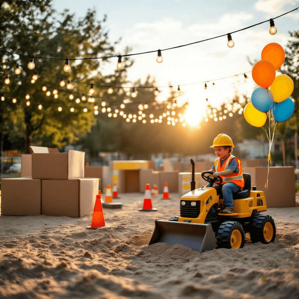 Hammer Down the Fun: Planning the Ultimate Tool-Themed Birthday Party for Little Builders Cinematic outdoor construction zone play area at sunset, featuring a child in a yellow hard hat and safety vest operating a ride-on excavator in a sand pit, a DIY obstacle course made from painted cardboard boxes and traffic cones, and colorful balloons swaying in the breeze.