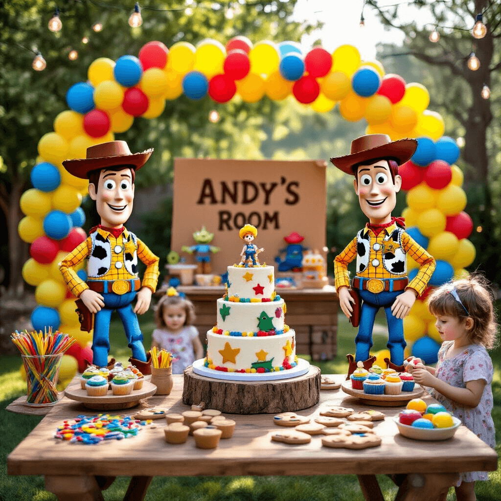 A whimsical Toy Story-themed birthday party in a sunlit backyard, featuring vibrant balloon garlands, life-sized Woody and Buzz cutouts, a rustic dessert table with a fondant cake and themed treats, and children engaged in DIY craft stations, all illuminated by soft fairy lights and set against an 'Andy's Room' backdrop.
