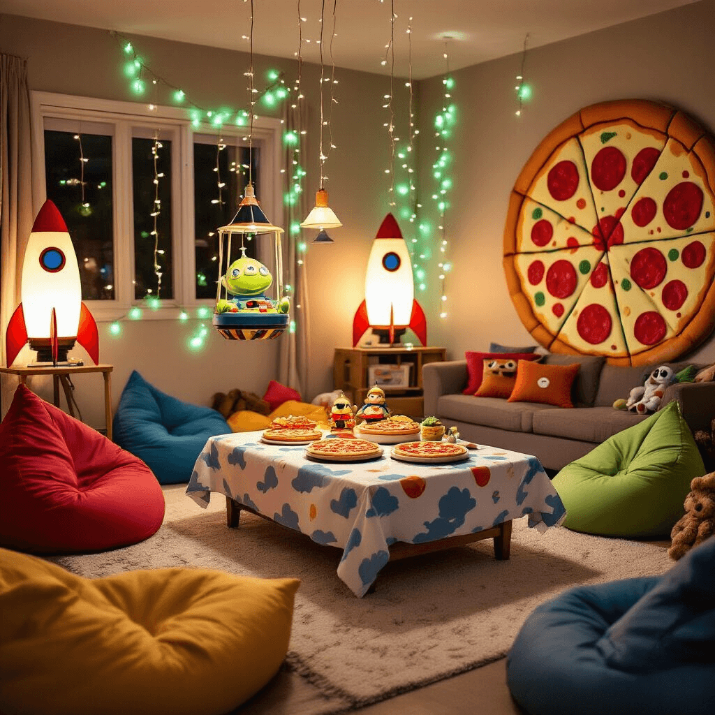 A cozy living room transformed into Pizza Planet with glowing rocket ship lamps, alien-themed fairy lights, a cloud-printed coffee table spread with space-themed snacks, a DIY claw machine with plush alien toys, colorful bean bags, and hand-painted cardboard pizza boxes, while children excitedly reach for the toys.